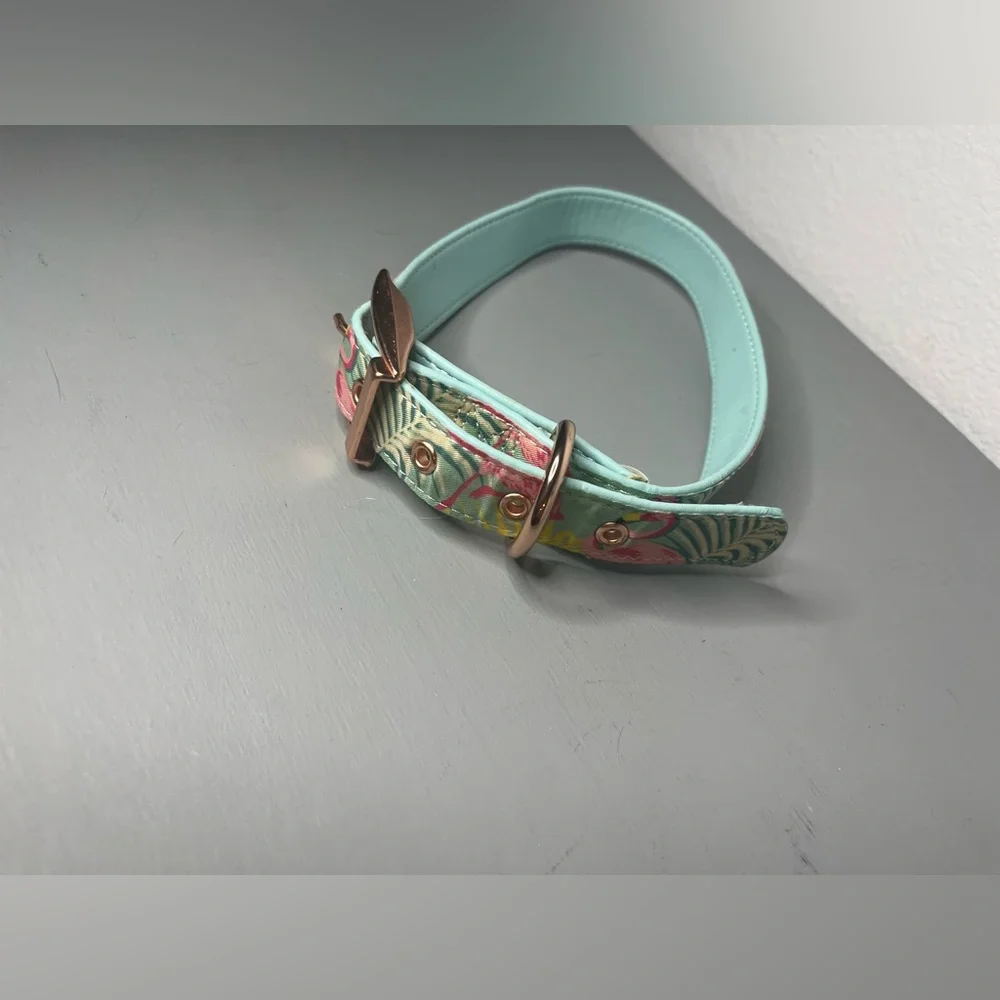 Vibrant Life Premium Flamingos Rose Gold Metal Accents Summer Adjust Dog Collar